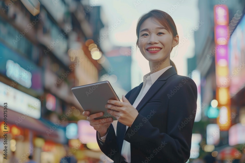 Happy Asian professional woman using digital tablet in city. Happy Asian professional woman using digital tablet in city.