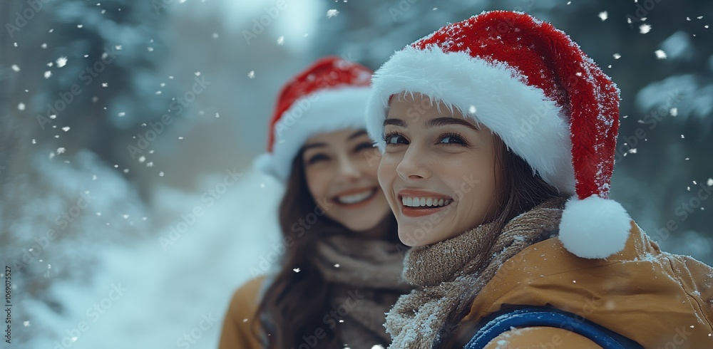Joyful elderly couple in Santa hats smiling Joyful elderly couple in Santa hats smiling