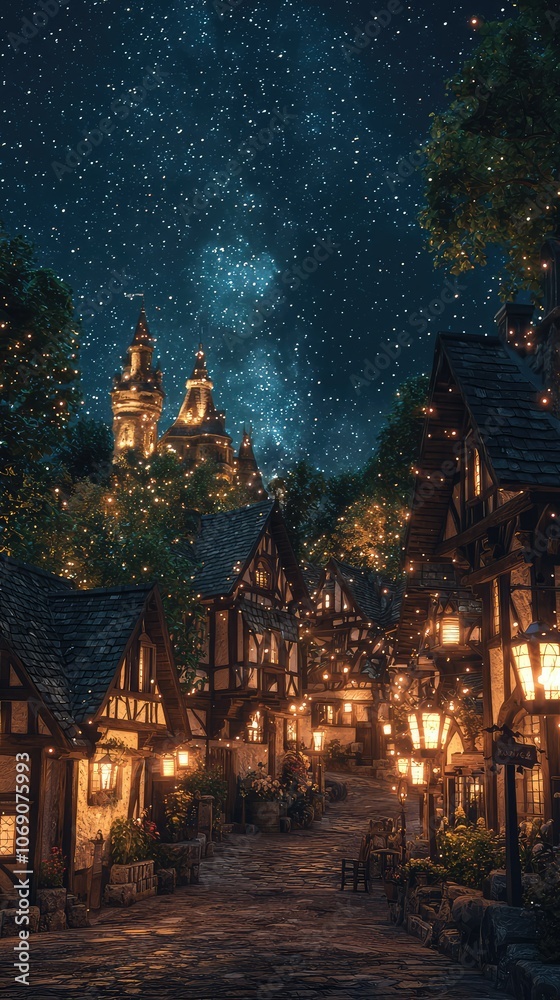 Obraz premium Enchanted Village Illuminated by Lanterns at Night