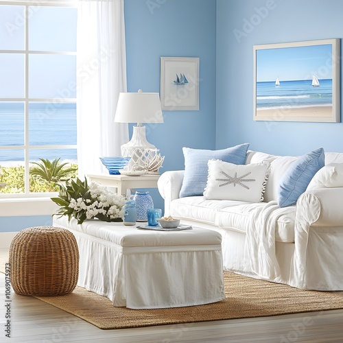 A coastal-inspired living room with light blue walls, white furniture, and nautical decor, evoking a breezy and relaxed atmosphere photo