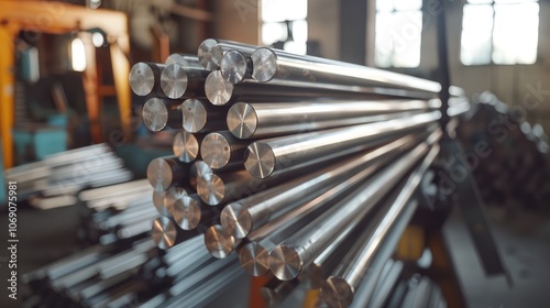 Shiny Metal Rods Arranged in Industrial Warehouse