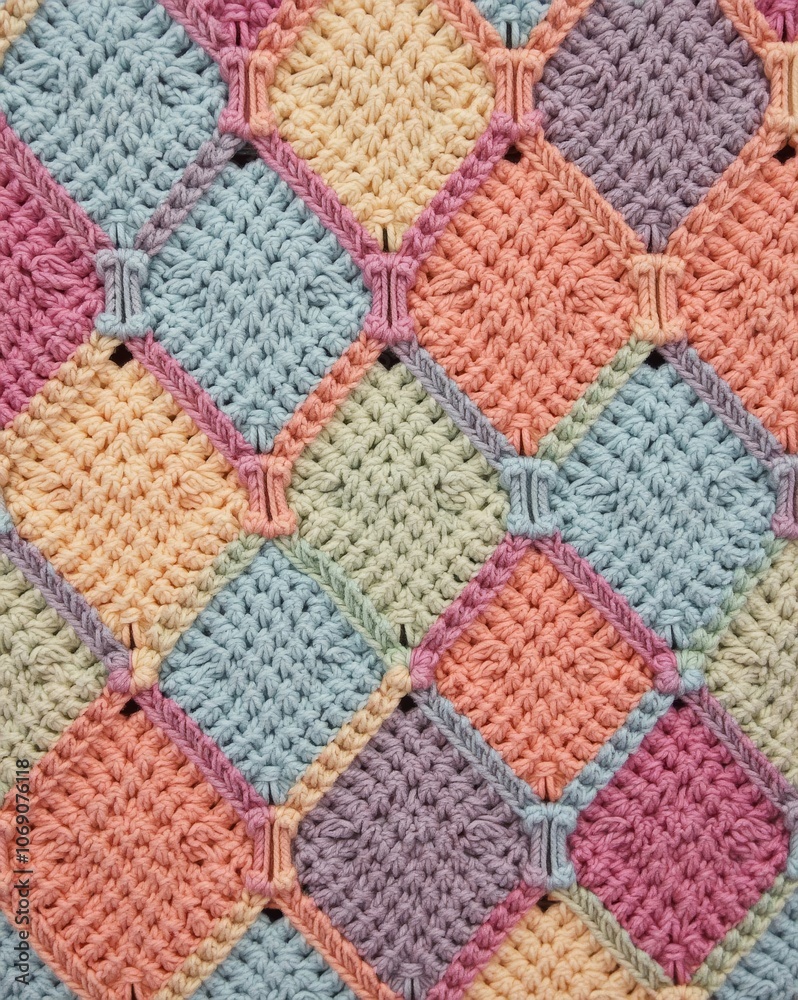 A close-up of a vibrant knitted fabric with diamond shapes in pink, blue, orange, and purple, showcasing a detailed, textured design. A close-up of a vibrant knitted fabric with diamond shapes in pink, blue, orange, and purple, showcasing a detailed, textured design.
