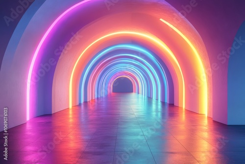 Abstract Neon Tunnel with Colorful Lights and Archway