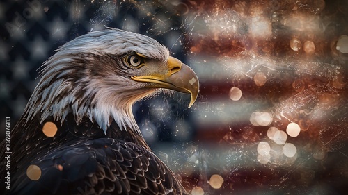 A bald eagle is standing in front of the American flag