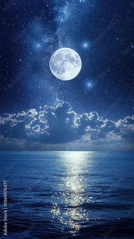 Moonlit Sky with Vibrant Constellations Over Ocean Moonlit Sky with Vibrant Constellations Over Ocean