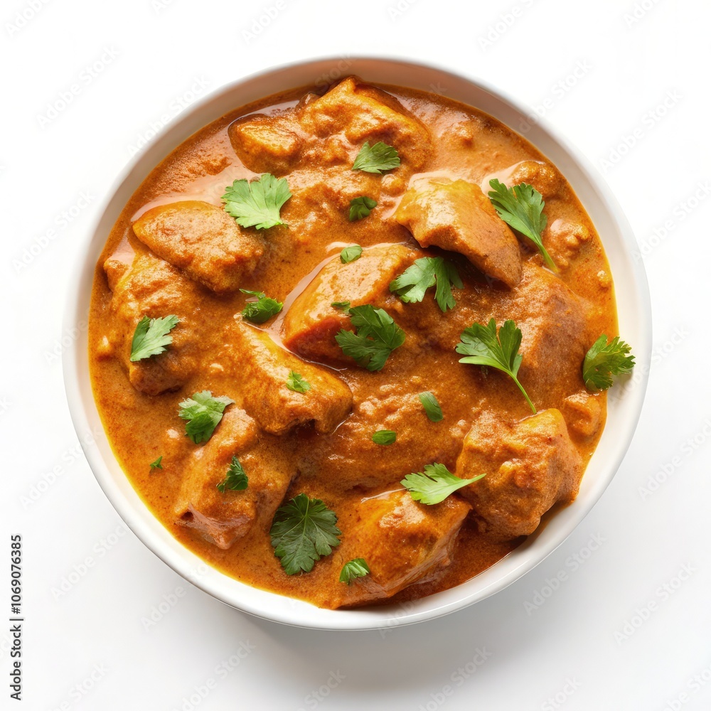 Delicious butter chicken served in a white bowl with fresh cilantro garnish. Generative AI Delicious butter chicken served in a white bowl with fresh cilantro garnish. Generative AI