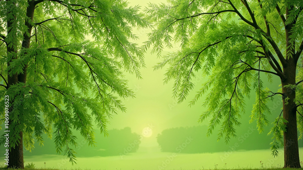Fototapeta premium Lush green willow trees framing misty forest landscape
