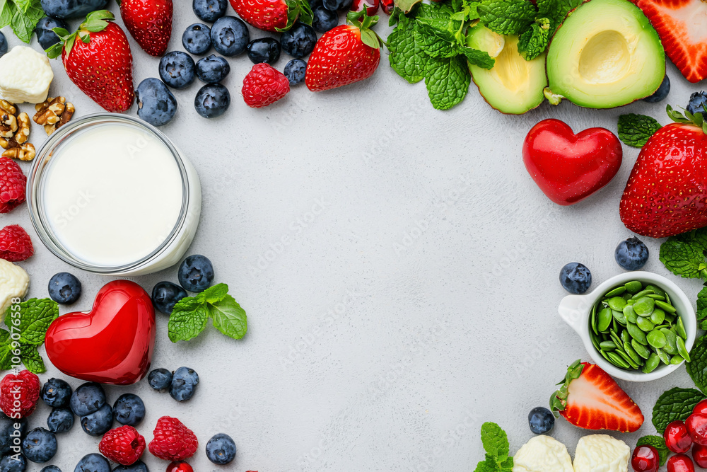 Fresh fruits and low fat dairy products arranged beautifully, promoting heart health Fresh fruits and low fat dairy products arranged beautifully, promoting heart health