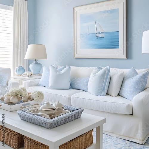 A coastal-inspired living room with light blue walls, white furniture, and nautical decor, evoking a breezy and relaxed atmosphere photo