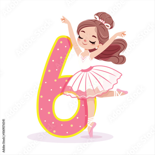 Pretty ballerina girl in white dress dancing with number 6 on white background. Poster, Banner, Flyer, Greeting Card. Vector illustration in flat cartoon style