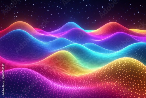 Abstract Rainbow Wavy Background with Glowing Dots