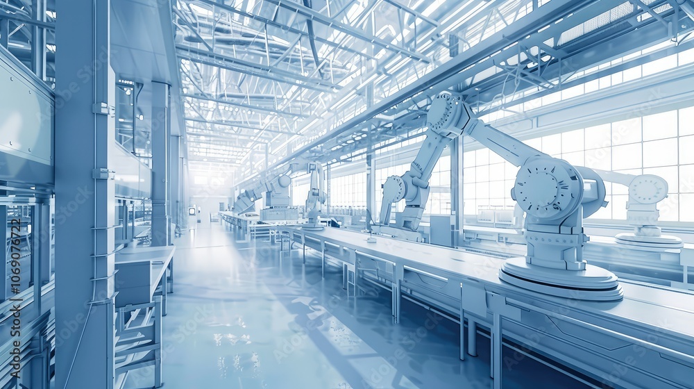Fototapeta premium Advanced Robotic Arm Assembly Line in Factory