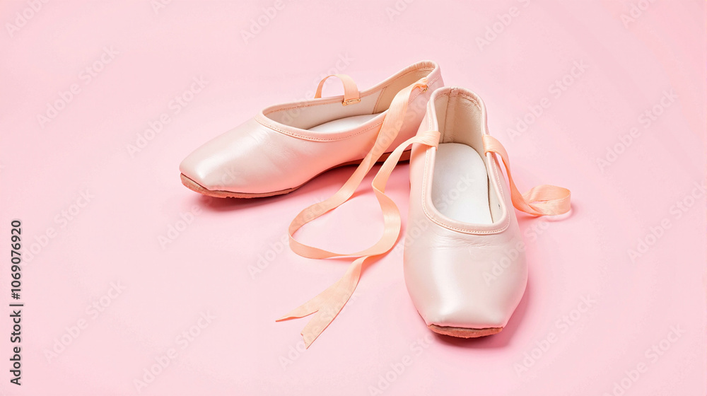 Pink ballet shoes with ribbons on pastel background Pink ballet shoes with ribbons on pastel background