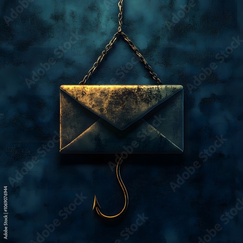 A conceptual image featuring a fishing hook disguised as an email icon, designed to raise awareness about the dangers of phishing scams and fraudulent emails. photo