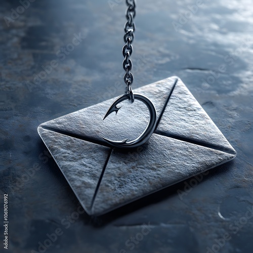 A conceptual image featuring a fishing hook disguised as an email icon, designed to raise awareness about the dangers of phishing scams and fraudulent emails. photo