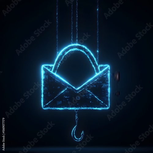 A conceptual image featuring a fishing hook disguised as an email icon, designed to raise awareness about the dangers of phishing scams and fraudulent emails. photo