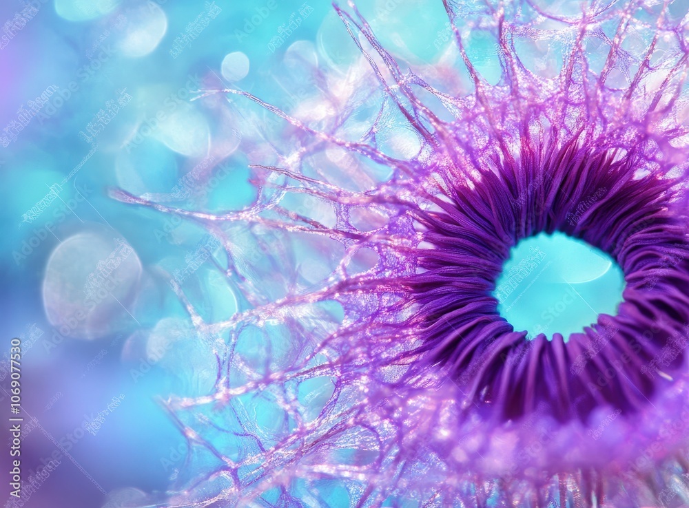 Close-up macro shot of a purple flower with a blue background. Close-up macro shot of a purple flower with a blue background.