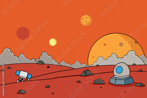 Martian Sunset: A Sci-Fi Scene with Rovers, Rocky Red Landscape, and Dusty Horizons