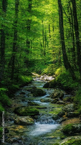 Serene Mountain Stream Winding Through Lush Greenery