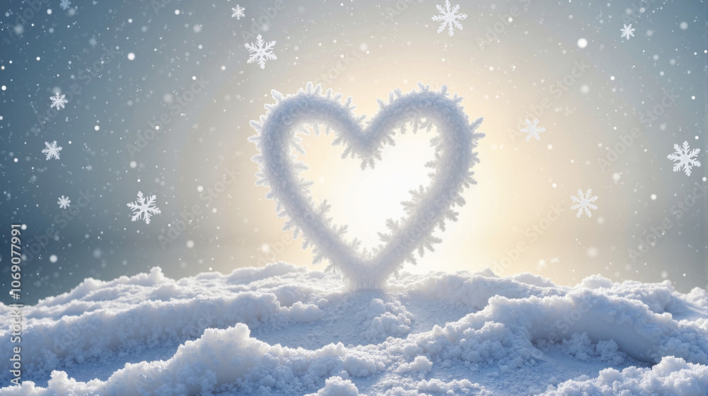 Naklejka premium Snowy heart in winter wonderland against glowing sky