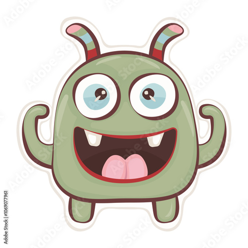 Cute groovy monster sticker, vector green character, hippy and trippy avatar, trendy funky illustration
