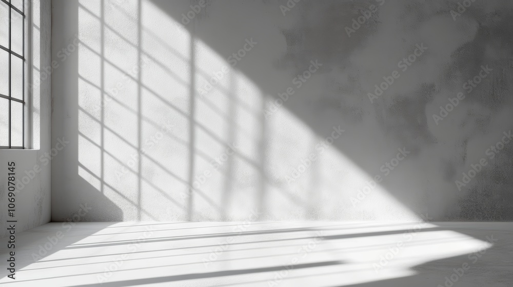 Fototapeta premium abstract. minimalistic background for product presentation. walls in large empty room greyish white. can full of sunlight. Loft wall or minimalist wall. Shadow, light from windows to plaster wall.