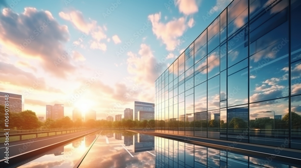 Fototapeta premium Modern office building or business center. High-rise window buildings made of glass reflect the clouds and the sunlight. empty street outside wall modernity civilization. growing up business