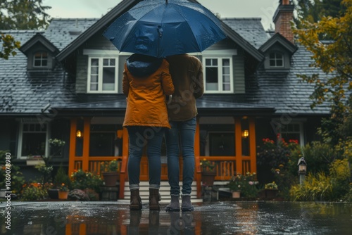 Parents Holding Umbrella Over Kids in Rainy Weather photo