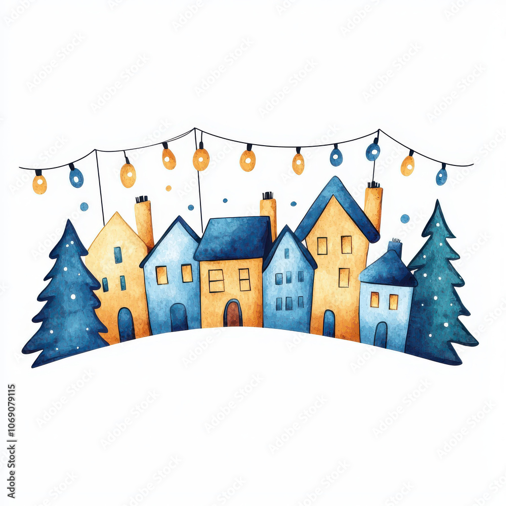 Charming winter scene featuring colorful houses and pine trees, adorned with festive lights, creating cozy atmosphere. Perfect for holiday themes, isolated on white background Charming winter scene featuring colorful houses and pine trees, adorned with festive lights, creating cozy atmosphere. Perfect for holiday themes, isolated on white background