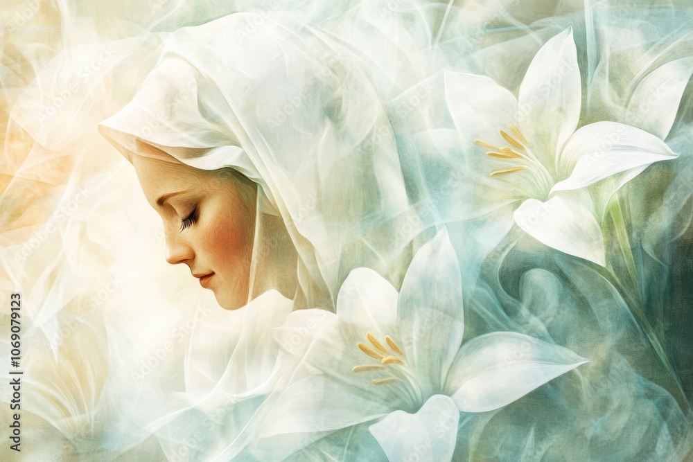 Angel Gabriel visiting Mary, abstract style: ethereal light, focus on purity, symbolic lilies, gentle expressions, soft textures, minimalist religious art Angel Gabriel visiting Mary, abstract style: ethereal light, focus on purity, symbolic lilies, gentle expressions, soft textures, minimalist religious art