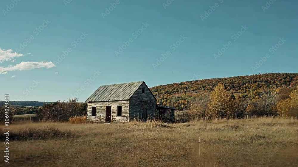 A weathered wooden cabin stands in a field with golden grass and a blue sky in the background A weathered wooden cabin stands in a field with golden grass and a blue sky in the background