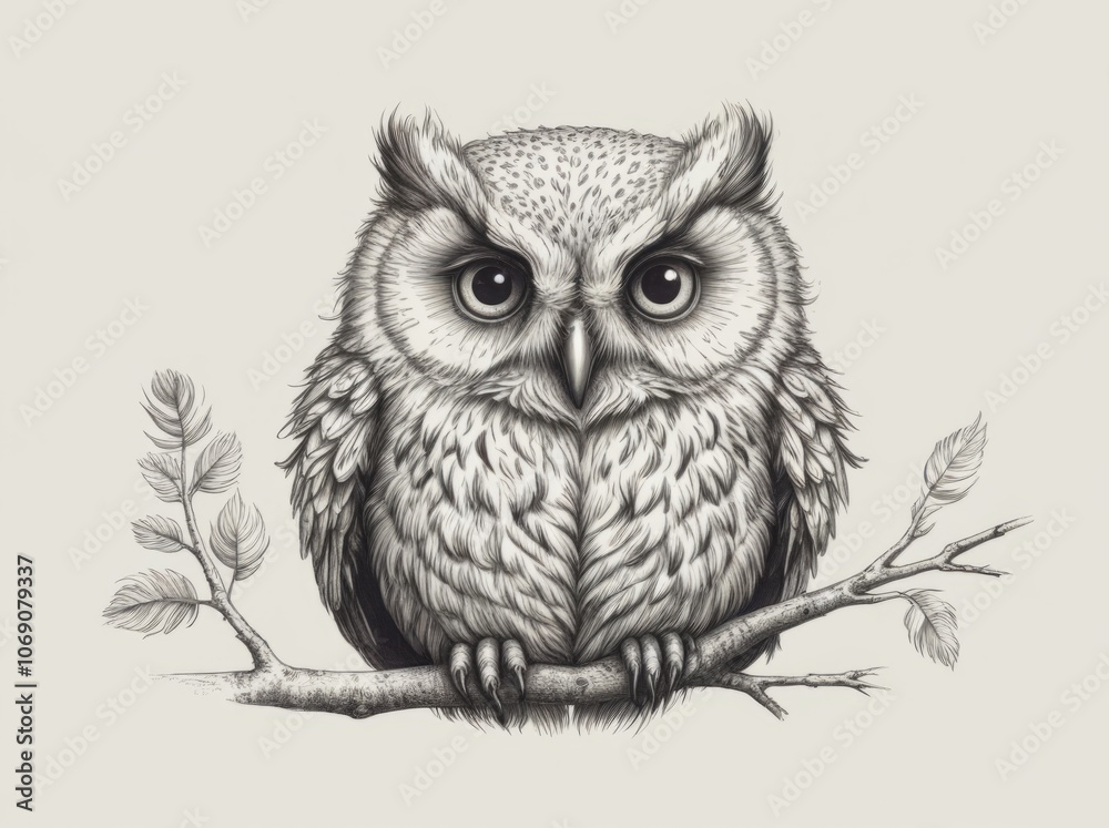 Detailed illustration of a wise owl perched on a branch against a simple background, showcasing intricate feathers and expressions Detailed illustration of a wise owl perched on a branch against a simple background, showcasing intricate feathers and expressions