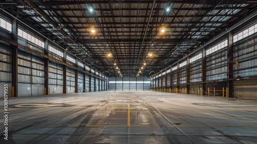 Spacious Industrial Warehouse Interior with Lighting