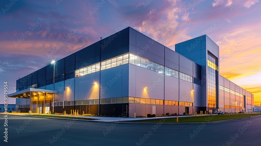 Modern Industrial Warehouse at Sunset Modern Industrial Warehouse at Sunset