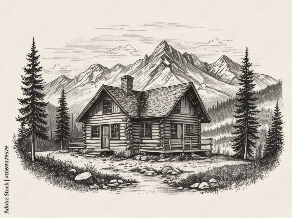 A cozy log cabin nestled in a mountainous landscape surrounded by tall pine trees under a clear sky A cozy log cabin nestled in a mountainous landscape surrounded by tall pine trees under a clear sky