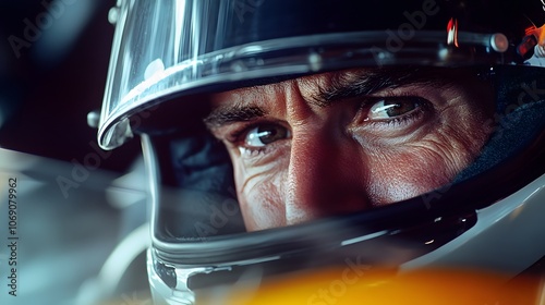 A close-up of a Formula 1 driver's intense expression inside the cockpit, wearing a full-face helmet  photo