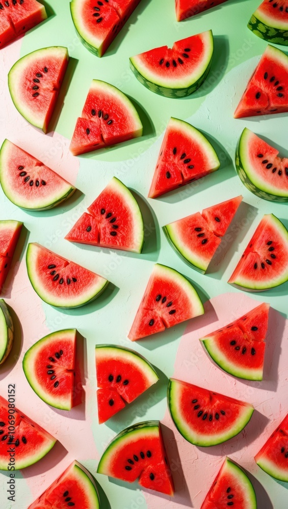 Colorful watermelon slices arranged in a playful pattern, showcasing vibrant shades of red and green against a pastel background, perfect for summer vibes. Colorful watermelon slices arranged in a playful pattern, showcasing vibrant shades of red and green against a pastel background, perfect for summer vibes.