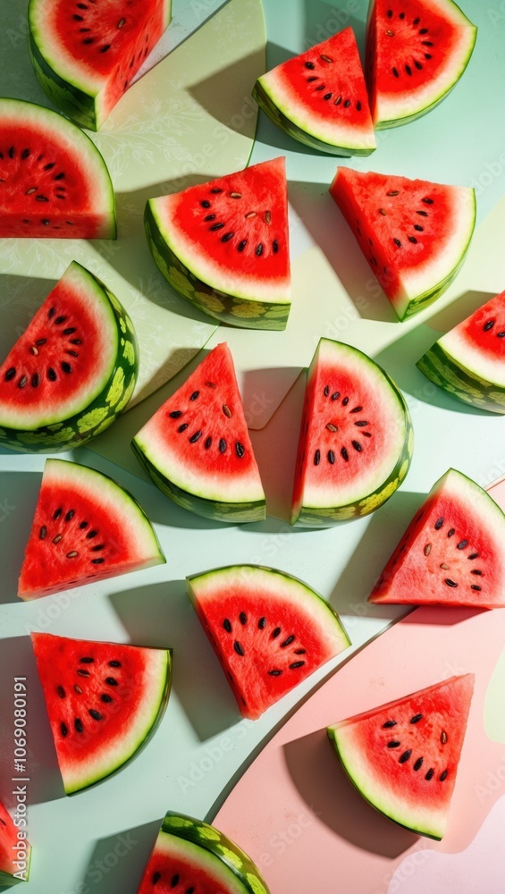 Vibrant slices of watermelon arranged creatively on a pastel backdrop, showcasing its juicy red flesh and green rind, perfect for summer vibes. Vibrant slices of watermelon arranged creatively on a pastel backdrop, showcasing its juicy red flesh and green rind, perfect for summer vibes.