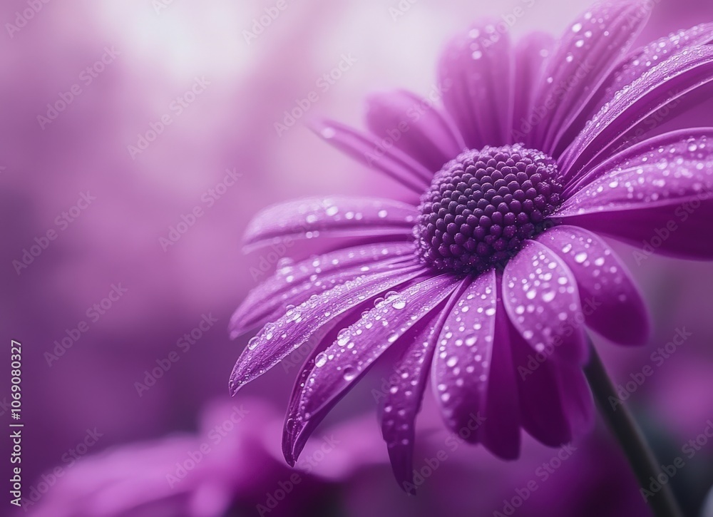 Close-up of a purple flower with dew drops. Close-up of a purple flower with dew drops.