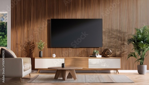 Modern living room with wood panel wall and TV. 3D Rendering