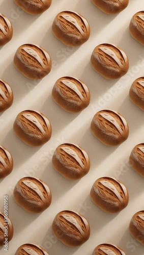 A close-up of golden brown artisan bread rolls arranged in perfect symmetry, showcasing their textured crusts and soft interiors, creating an inviting and warm feel. photo