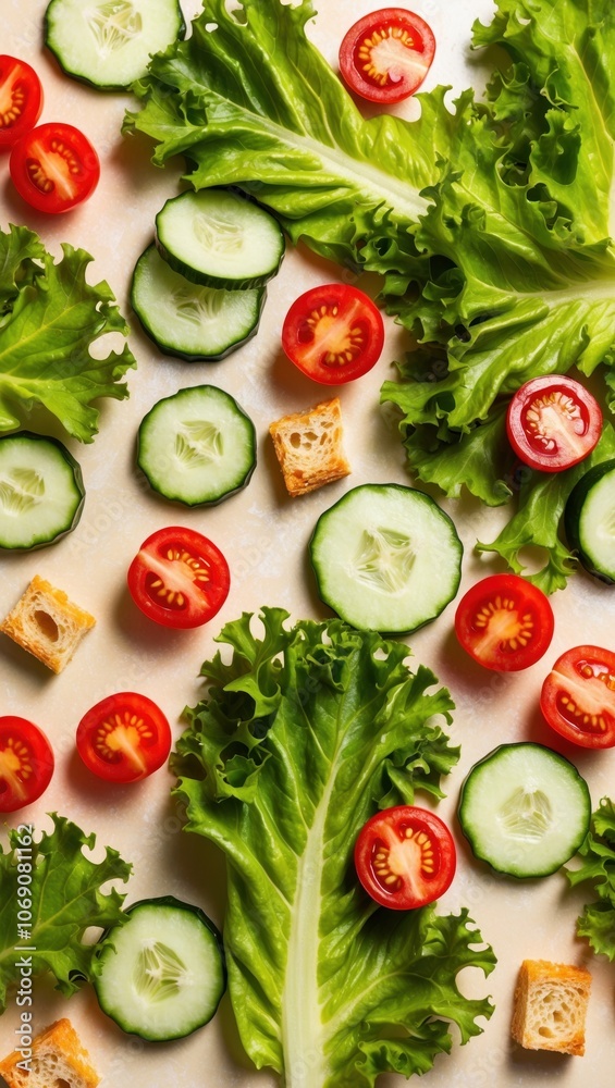 A vibrant display of fresh lettuce, cucumber slices, cherry tomatoes, and crunchy croutons arranged artistically on a light surface. Perfect for a healthy meal. A vibrant display of fresh lettuce, cucumber slices, cherry tomatoes, and crunchy croutons arranged artistically on a light surface. Perfect for a healthy meal.