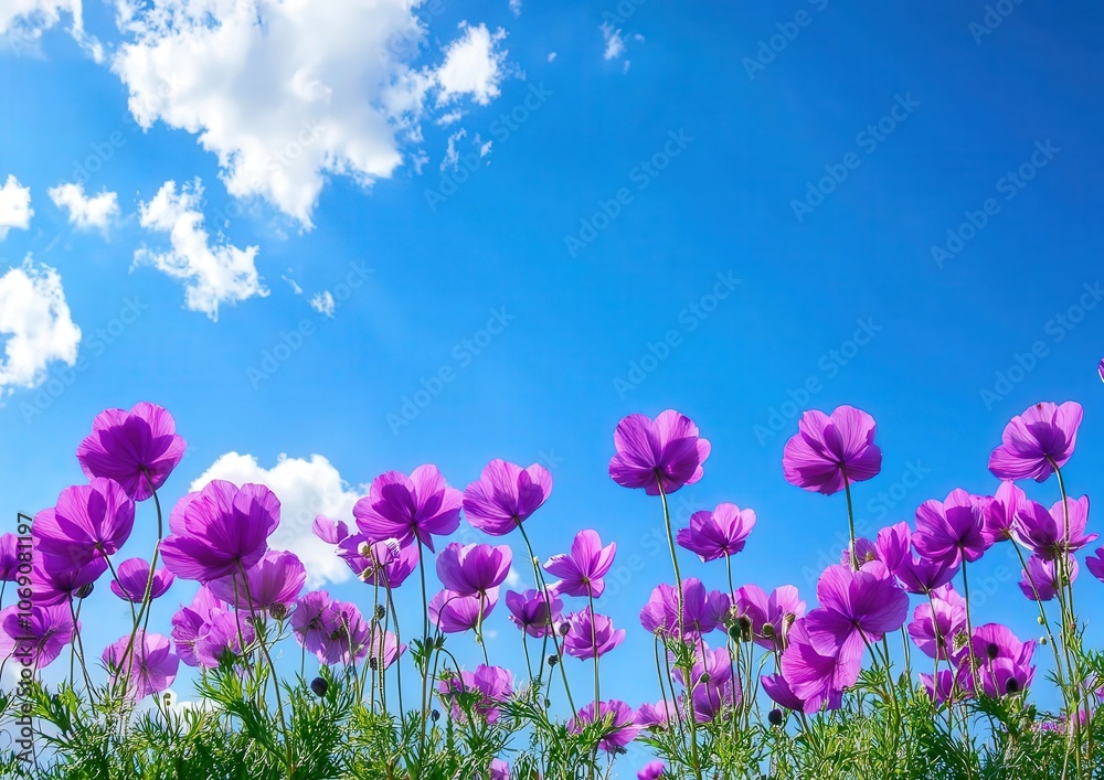 A field of vibrant purple flowers reaching up towards a bright blue sky with fluffy white clouds. A field of vibrant purple flowers reaching up towards a bright blue sky with fluffy white clouds.