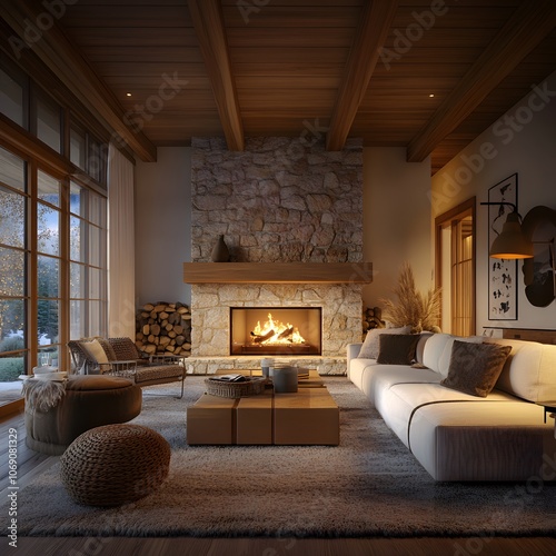 A cozy living room featuring a stone fireplace, comfortable furniture, and warm lighting photo