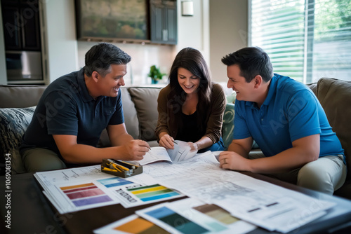 Family discussing home renovation plans in their living room, blueprints and color swatches on the coffee table.