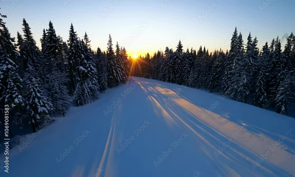 Aerial fpv racing drone flying over forest in winter time at sunset Aerial fpv racing drone flying over forest in winter time at sunset