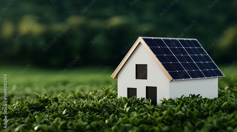 Miniature white house with a solar panel roof on a lush green lawn, symbolizing sustainable living and renewable energy. A blurred background suggests a peaceful, natural setting. Miniature white house with a solar panel roof on a lush green lawn, symbolizing sustainable living and renewable energy. A blurred background suggests a peaceful, natural setting.