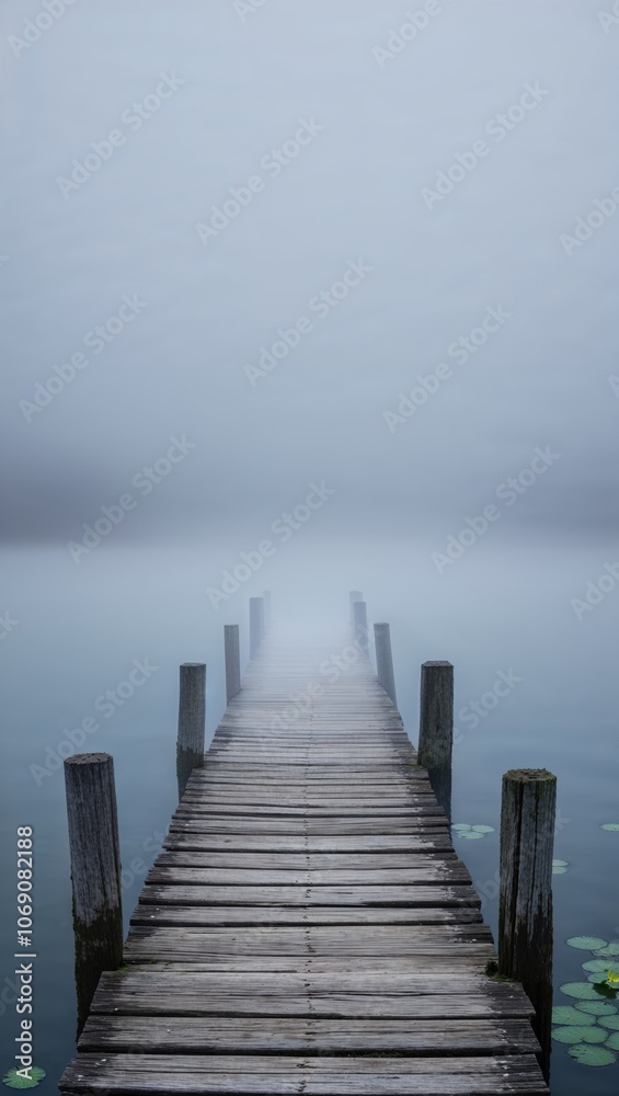 Obraz premium A serene wooden dock stretches into a thick fog, creating a tranquil atmosphere that invites reflection and calmness.
