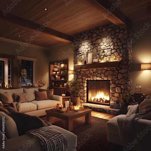 A cozy living room featuring a stone fireplace, comfortable furniture, and warm lighting photo