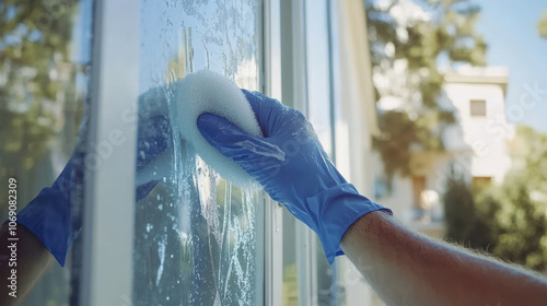 Cleaning service employee washing window glass with sponge and soapy water photo